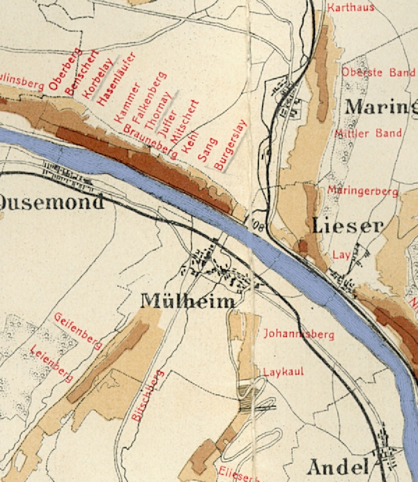 Die Abbildung zeigt die Umgebung des Ortes Mülheim mit seinen Lagen. Aus der historischen Mosel-Weinbau-Karte für den Regierungsbezirk Trier aus dem Jahre 1868.