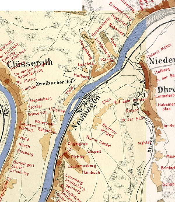 Die Abbildung zeigt die Umgebung des Ortes Neumagen mit seinen Lagen. Aus der historischen Mosel-Weinbau-Karte für den Regierungsbezirk Trier aus dem Jahre 1906.