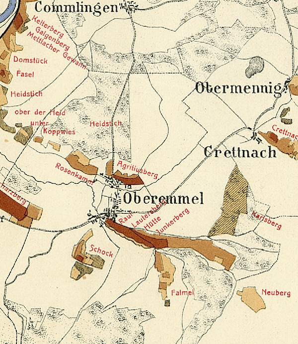 Die Abbildung zeigt die Umgebung des Ortes Oberemmel mit seinen Lagen. Aus der historischen Mosel-Weinbau-Karte für den Regierungsbezirk Trier aus dem Jahre 1906.