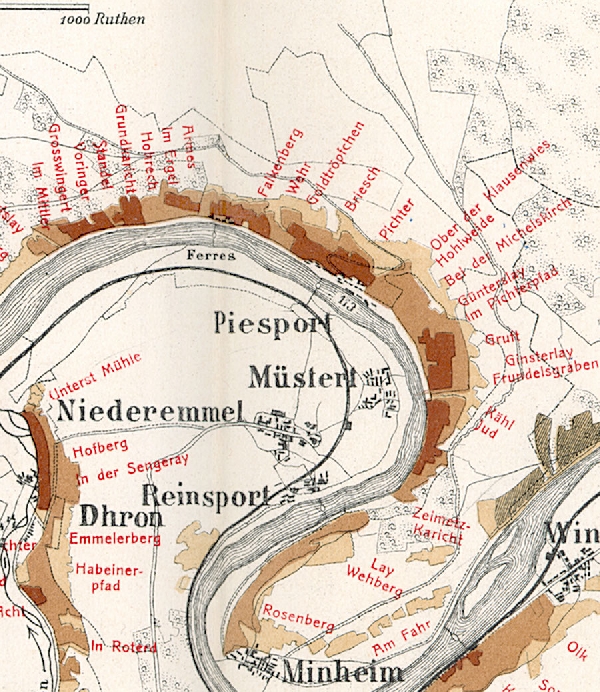 Die Abbildung zeigt die Umgebung des Ortes Piesport mit seinen Lagen. Aus der historischen Mosel-Weinbau-Karte für den Regierungsbezirk Trier aus dem Jahre 1906.