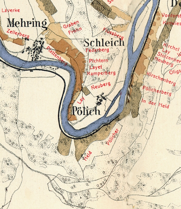 Die Abbildung zeigt die Umgebung des Ortes Pölich mit seinen Lagen. Aus der historischen Mosel-Weinbau-Karte für den Regierungsbezirk Trier aus dem Jahre 1868.
