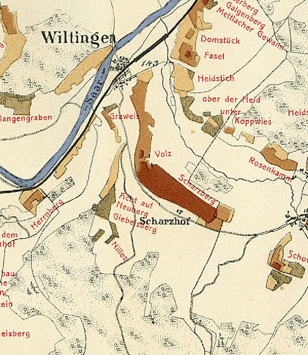 Die Abbildung zeigt die Umgebung des Ortes Scharzhof mit seinen Lagen. Aus der historischen Mosel-Weinbau-Karte für den Regierungsbezirk Trier aus dem Jahre 1906.