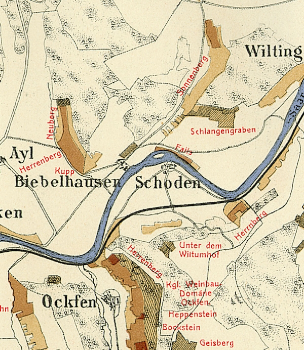 Die Abbildung zeigt die Umgebung des Ortes Schoden mit seinen Lagen. Aus der historischen Mosel-Weinbau-Karte für den Regierungsbezirk Trier aus dem Jahre 1906.