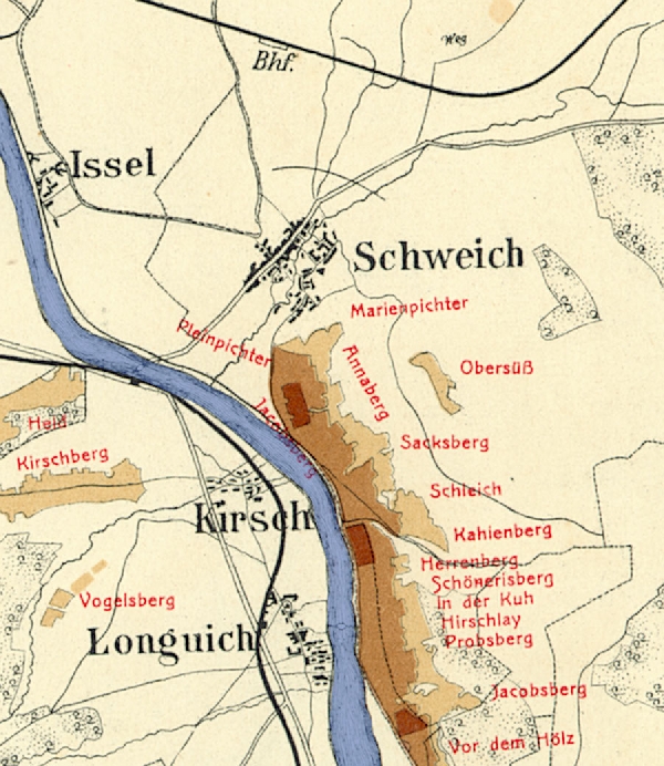 Die Abbildung zeigt die Umgebung des Ortes Schweich mit seinen Lagen. Aus der historischen Mosel-Weinbau-Karte für den Regierungsbezirk Trier aus dem Jahre 1906.
