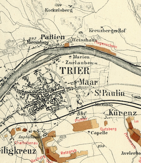 Die Abbildung zeigt die Umgebung des Ortes Trier mit seinen Lagen. Aus der historischen Mosel-Weinbau-Karte für den Regierungsbezirk Trier aus dem Jahre 1906.