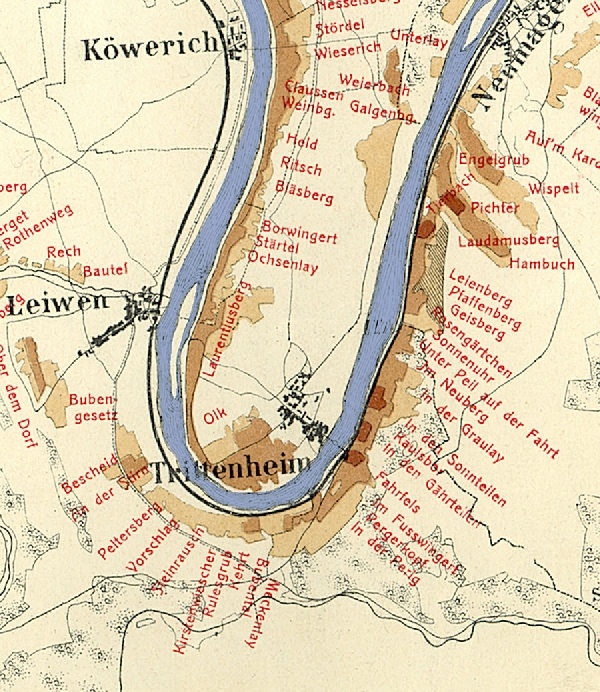 Die Abbildung zeigt die Umgebung des Ortes Trittenheim mit seinen Lagen. Aus der historischen Mosel-Weinbau-Karte für den Regierungsbezirk Trier aus dem Jahre 1906.