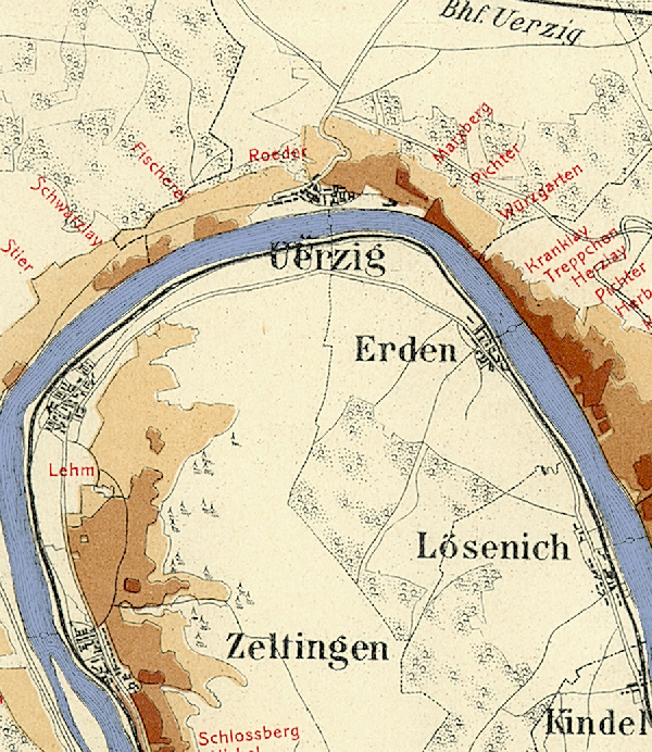 Die Abbildung zeigt die Umgebung des Ortes Uerzig mit seinen Lagen. Aus der historischen Mosel-Weinbau-Karte für den Regierungsbezirk Trier aus dem Jahre 1906.