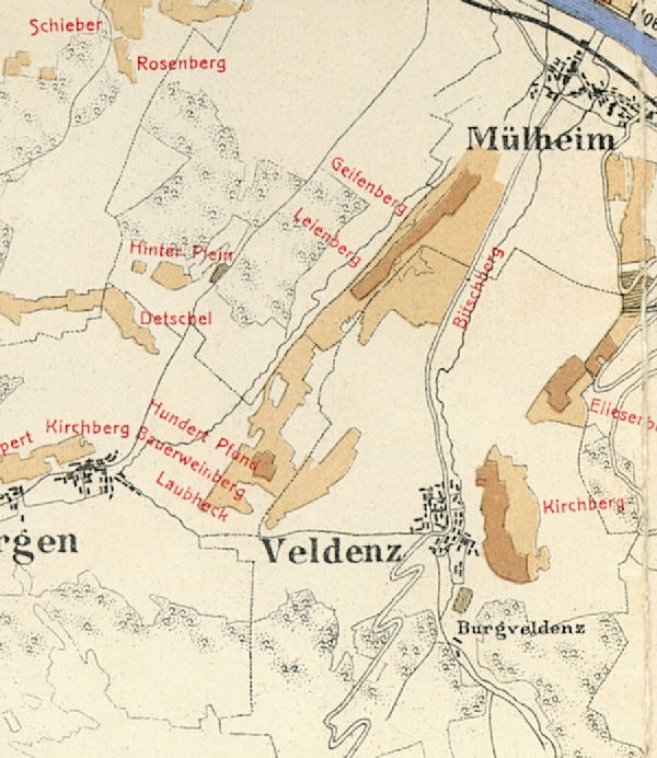 Die Abbildung zeigt die Umgebung des Ortes Veldenz mit seinen Lagen. Aus der historischen Mosel-Weinbau-Karte für den Regierungsbezirk Trier aus dem Jahre 1906.