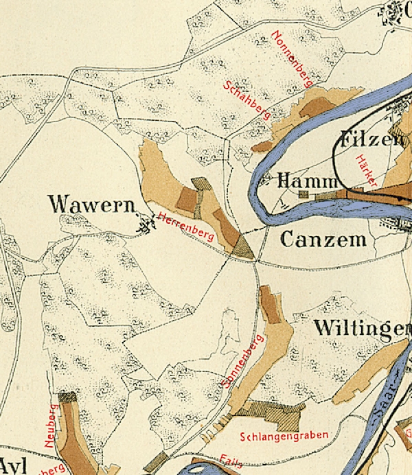 Die Abbildung zeigt die Umgebung des Ortes Wawern mit seinen Lagen. Aus der historischen Mosel-Weinbau-Karte für den Regierungsbezirk Trier aus dem Jahre 1906.