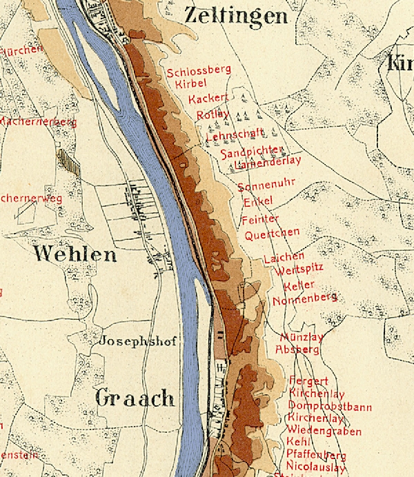 Die Abbildung zeigt die Umgebung des Ortes Wehlen mit seinen Lagen. Aus der historischen Mosel-Weinbau-Karte für den Regierungsbezirk Trier aus dem Jahre 1906.