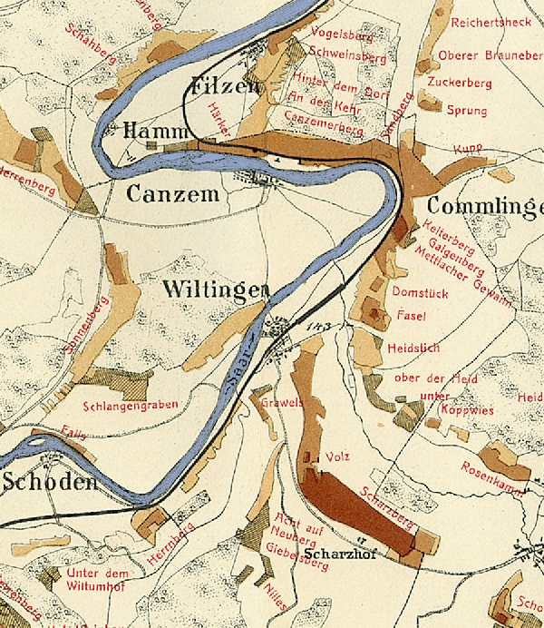 Die Abbildung zeigt die Umgebung des Ortes Wiltingen mit seinen Lagen. Aus der historischen Mosel-Weinbau-Karte für den Regierungsbezirk Trier aus dem Jahre 1906.