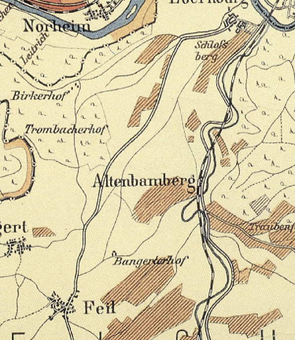 Die Abbildung zeigt einen Ausschnitt des Ortes Altenbamberg mit seinen Lagen. Aus der historischen Nahe-Weinbau-Karte für den Regierungsbezirk Koblenz aus dem Jahre 1901.