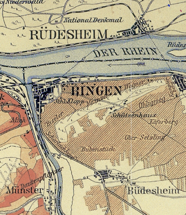Die Abbildung zeigt einen Ausschnitt des Ortes Bingen mit seinen Lagen. Aus der historischen Nahe-Weinbau-Karte für den Regierungsbezirk Koblenz aus dem Jahre 1901.