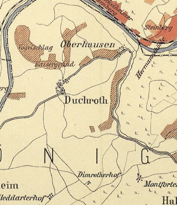Die Abbildung zeigt einen Ausschnitt des Ortes Duchroth mit seinen Lagen. Aus der historischen Nahe-Weinbau-Karte für den Regierungsbezirk Koblenz aus dem Jahre 1901.