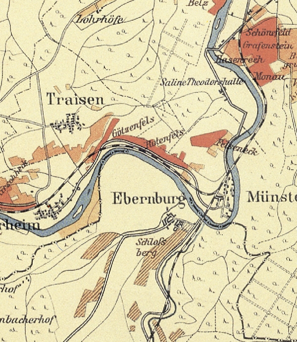 Die Abbildung zeigt einen Ausschnitt des Ortes Ebernburg mit seinen Lagen. Aus der historischen Nahe-Weinbau-Karte für den Regierungsbezirk Koblenz aus dem Jahre 1901.