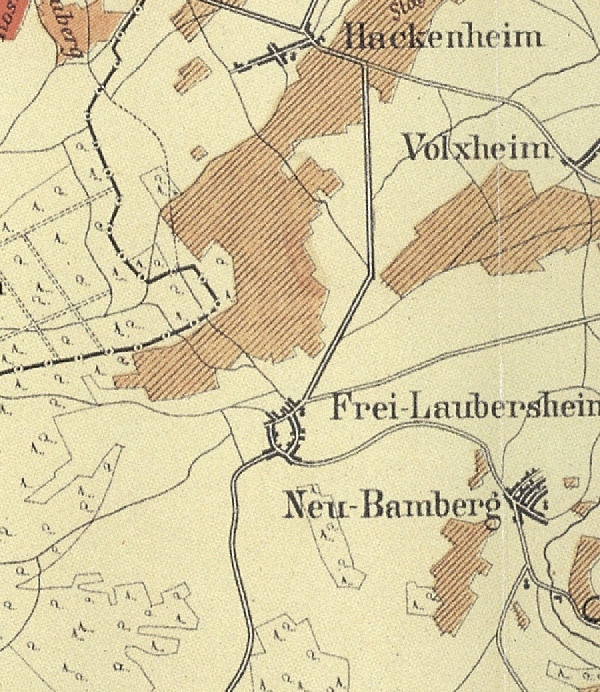 Die Abbildung zeigt einen Ausschnitt des Ortes Frei-Laubersheim mit seinen Lagen. Aus der historischen Nahe-Weinbau-Karte für den Regierungsbezirk Koblenz aus dem Jahre 1901.