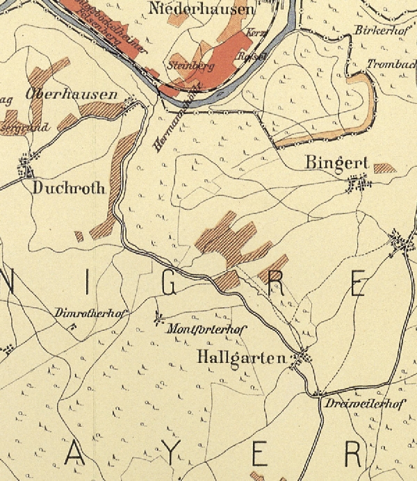 Die Abbildung zeigt einen Ausschnitt des Ortes Hallgarten mit seinen Lagen. Aus der historischen Nahe-Weinbau-Karte für den Regierungsbezirk Koblenz aus dem Jahre 1901.