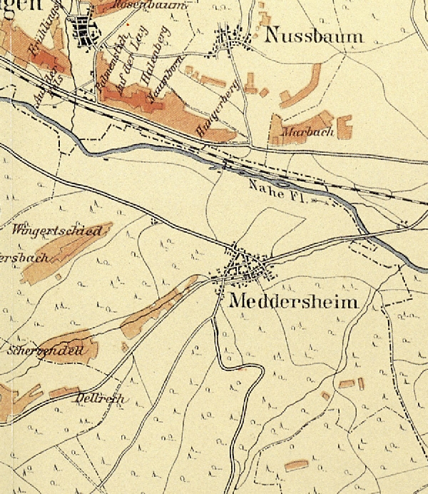 Die Abbildung zeigt einen Ausschnitt des Ortes Meddersheim mit seinen Lagen. Aus der historischen Nahe-Weinbau-Karte für den Regierungsbezirk Koblenz aus dem Jahre 1901.