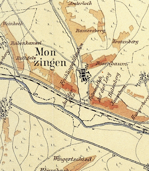Die Abbildung zeigt einen Ausschnitt des Ortes Monzingen mit seinen Lagen. Aus der historischen Nahe-Weinbau-Karte für den Regierungsbezirk Koblenz aus dem Jahre 1901.