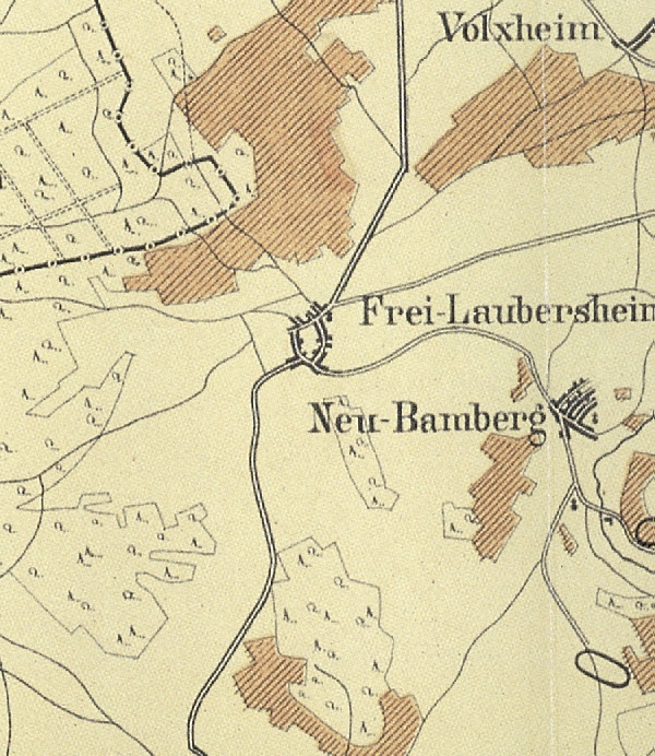 Die Abbildung zeigt einen Ausschnitt des Ortes Neu-Bamberg mit seinen Lagen. Aus der historischen Nahe-Weinbau-Karte für den Regierungsbezirk Koblenz aus dem Jahre 1901.