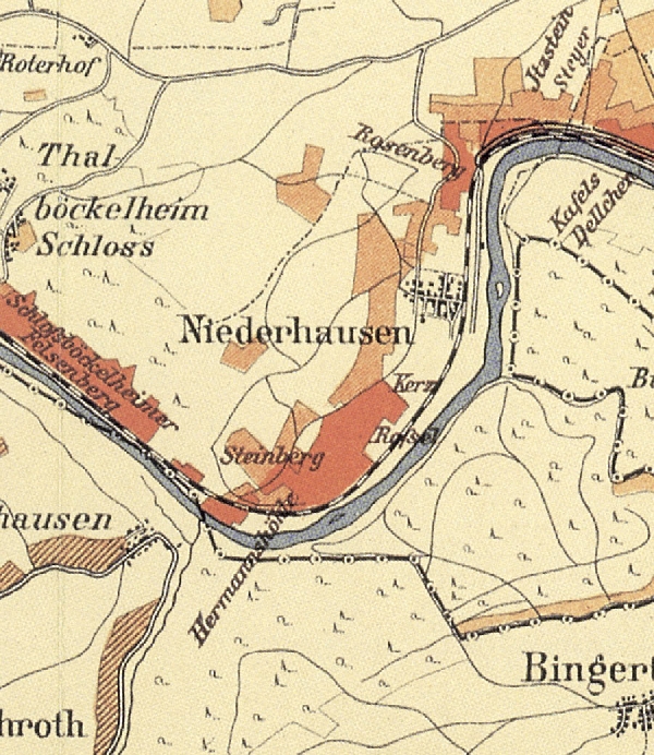 Die Abbildung zeigt einen Ausschnitt des Ortes Niederhausen mit seinen Lagen. Aus der historischen Nahe-Weinbau-Karte für den Regierungsbezirk Koblenz aus dem Jahre 1901.
