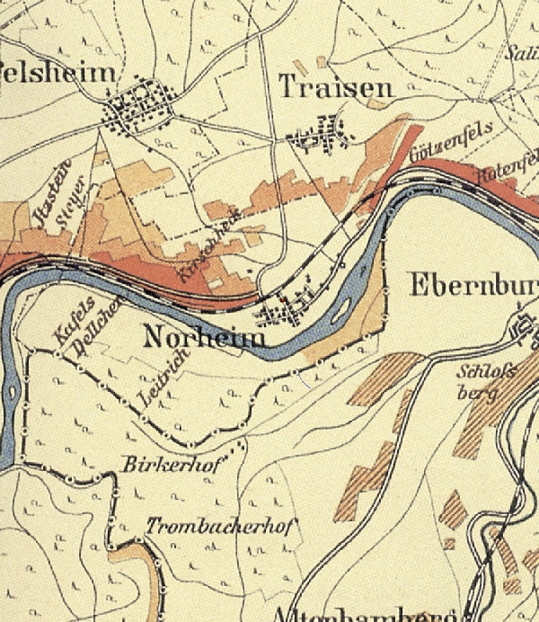 Die Abbildung zeigt einen Ausschnitt des Ortes Norheim mit seinen Lagen. Aus der historischen Nahe-Weinbau-Karte für den Regierungsbezirk Koblenz aus dem Jahre 1901.