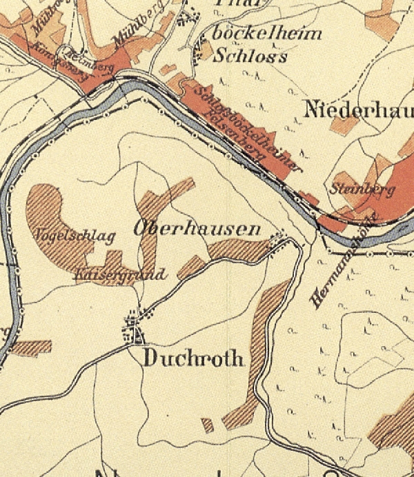 Die Abbildung zeigt einen Ausschnitt des Ortes Oberhausen mit seinen Lagen. Aus der historischen Nahe-Weinbau-Karte für den Regierungsbezirk Koblenz aus dem Jahre 1901.
