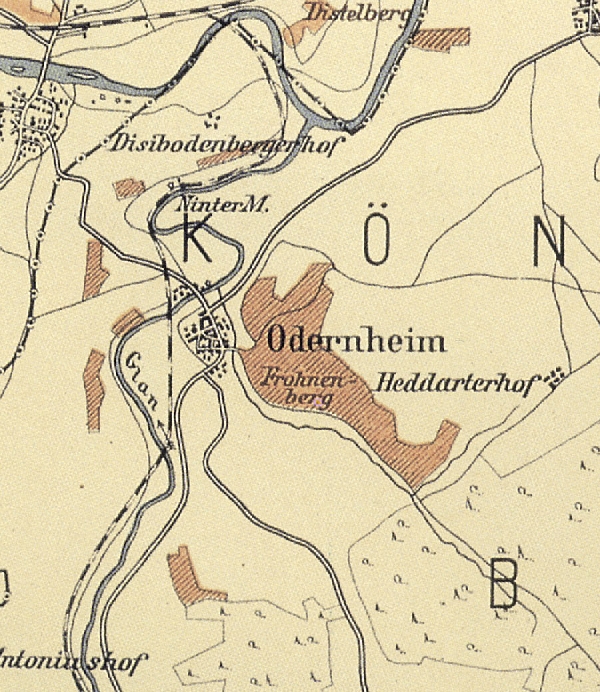 Die Abbildung zeigt einen Ausschnitt des Ortes Odernheim mit seinen Lagen. Aus der historischen Nahe-Weinbau-Karte für den Regierungsbezirk Koblenz aus dem Jahre 1901.