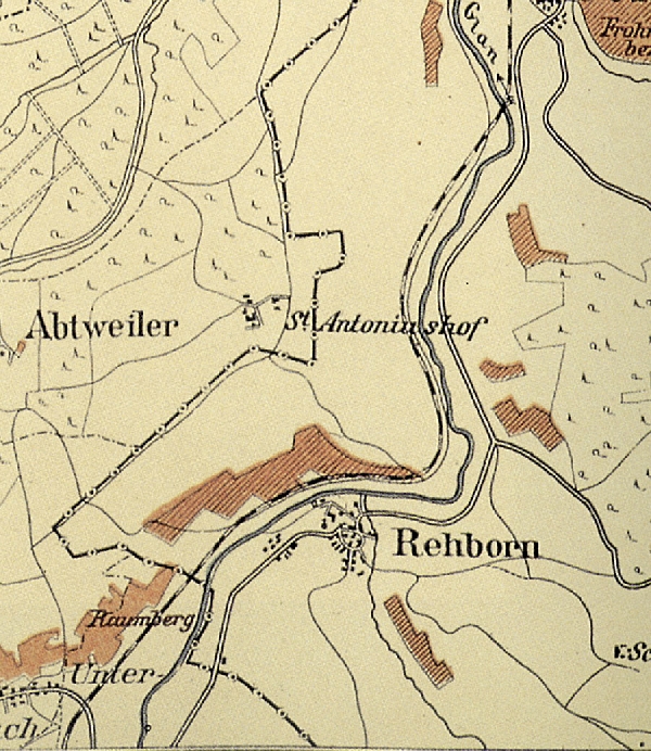 Die Abbildung zeigt einen Ausschnitt des Ortes Rehborn mit seinen Lagen. Aus der historischen Nahe-Weinbau-Karte für den Regierungsbezirk Koblenz aus dem Jahre 1901.