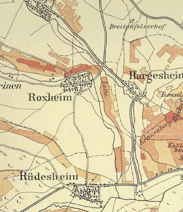Die Abbildung zeigt einen Ausschnitt des Ortes Roxheim mit seinen Lagen. Aus der historischen Nahe-Weinbau-Karte für den Regierungsbezirk Koblenz aus dem Jahre 1901.