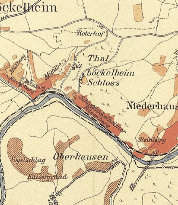 Die Abbildung zeigt einen Ausschnitt des Ortes Schlossböckelheim mit seinen Lagen. Aus der historischen Nahe-Weinbau-Karte für den Regierungsbezirk Koblenz aus dem Jahre 1901.