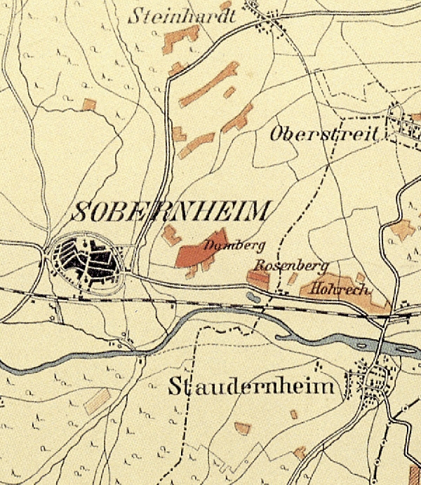 Die Abbildung zeigt einen Ausschnitt des Ortes Sobernheim mit seinen Lagen. Aus der historischen Nahe-Weinbau-Karte für den Regierungsbezirk Koblenz aus dem Jahre 1901.