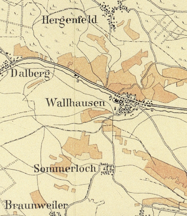 Die Abbildung zeigt einen Ausschnitt des Ortes Wallhausen mit seinen Lagen. Aus der historischen Nahe-Weinbau-Karte für den Regierungsbezirk Koblenz aus dem Jahre 1901.