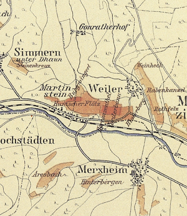 Die Abbildung zeigt einen Ausschnitt des Ortes Weiler mit seinen Lagen. Aus der historischen Nahe-Weinbau-Karte für den Regierungsbezirk Koblenz aus dem Jahre 1901.