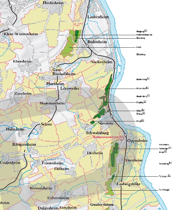 Die Abbildung zeigt die Orte Nierstein und Laubenheim mit ihren Ersten Lagen. Ausschnitt aus dem Weinatlas Deutschland. Stand 2009.