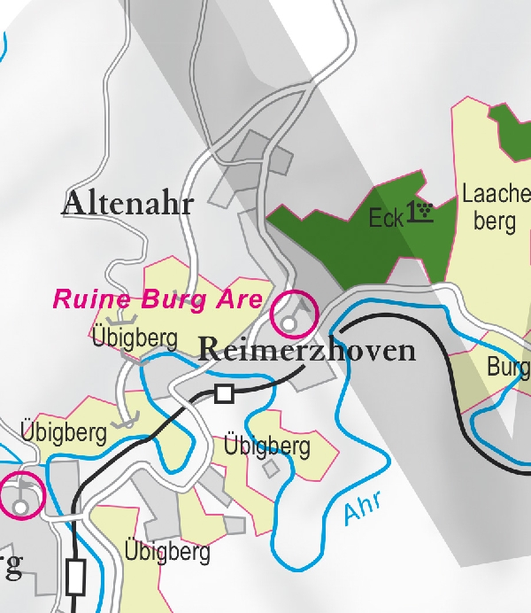 Die Abbildung zeigt den Ort Altenahr mit seinen Ersten Lagen. Ausschnitt aus dem Weinatlas Deutschland. Stand 2009.