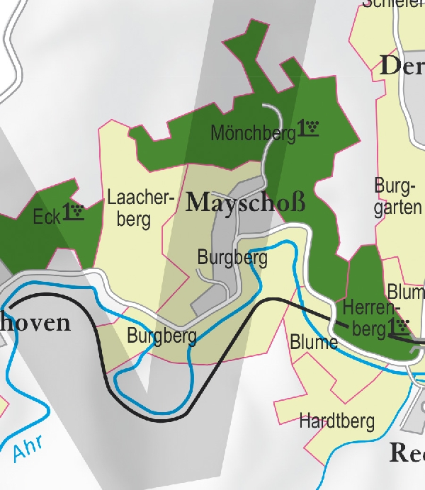 Die Abbildung zeigt den Ort mayschoss mit seinen Ersten Lagen. Ausschnitt aus dem Weinatlas Deutschland. Stand 2009.