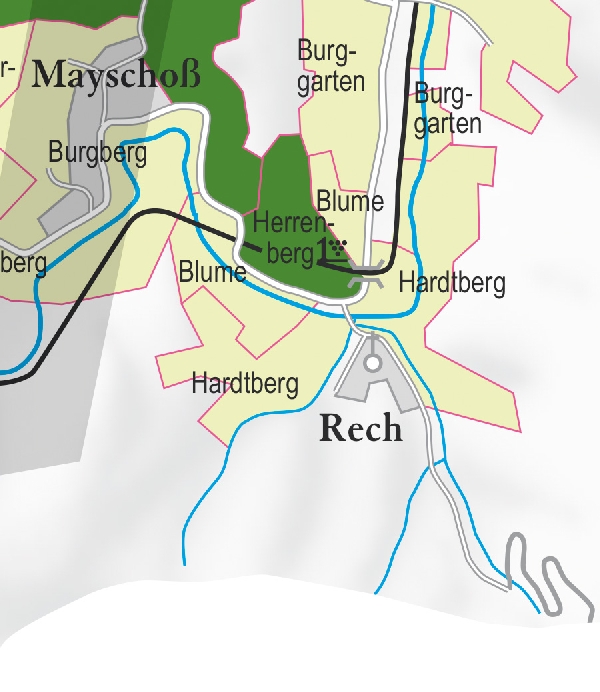Die Abbildung zeigt den Ort rech mit seinen Ersten Lagen. Ausschnitt aus dem Weinatlas Deutschland. Stand 2009.