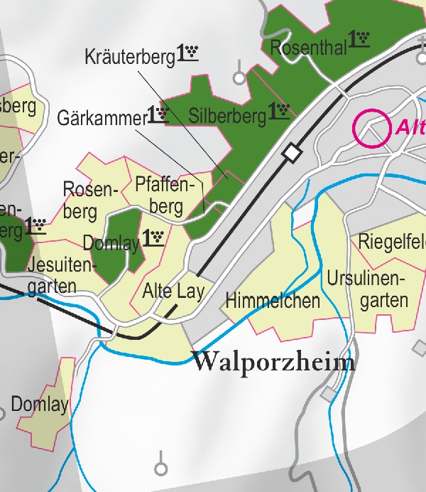 Die Abbildung zeigt den Ort Walporzheim mit seinen Ersten Lagen. Ausschnitt aus dem Weinatlas Deutschland. Stand 2009.