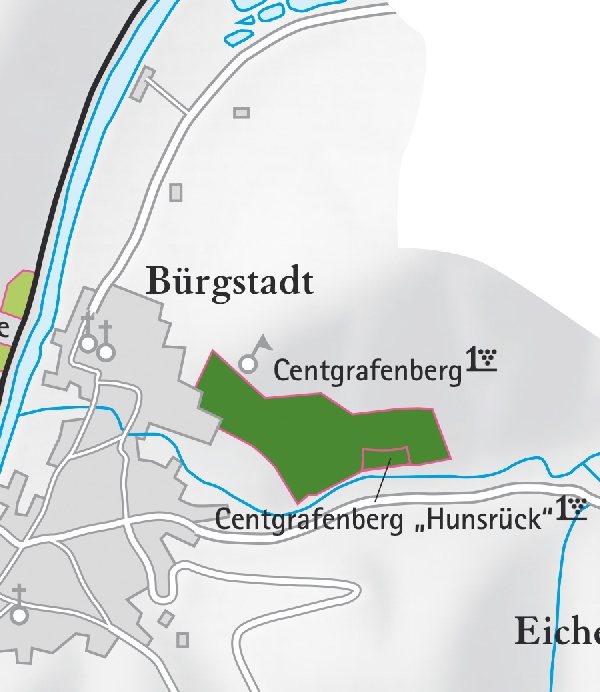 Die Abbildung zeigt den Ort bürgstadt mit seinen Ersten Lagen. Ausschnitt aus dem Weinatlas Deutschland. Stand 2009.