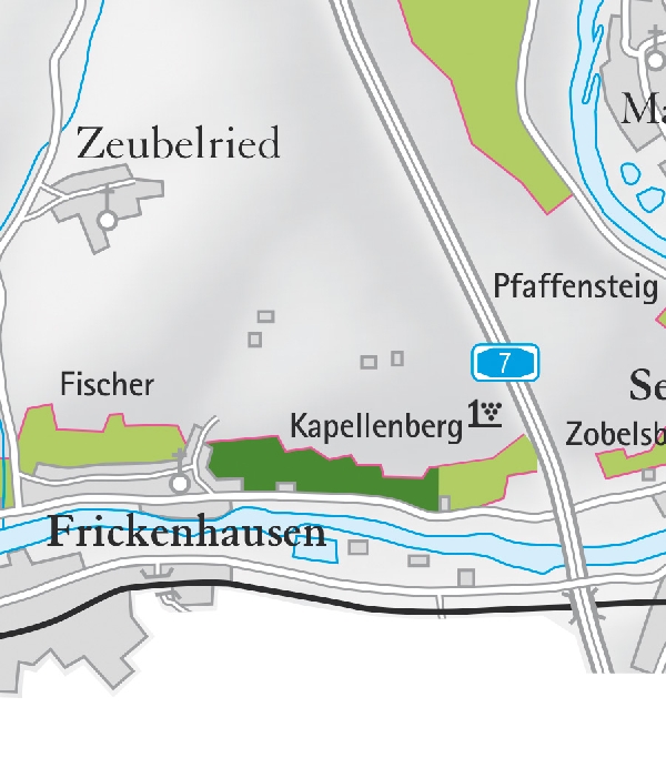 Die Abbildung zeigt den Ort frickenhausen mit seinen Ersten Lagen. Ausschnitt aus dem Weinatlas Deutschland. Stand 2009.