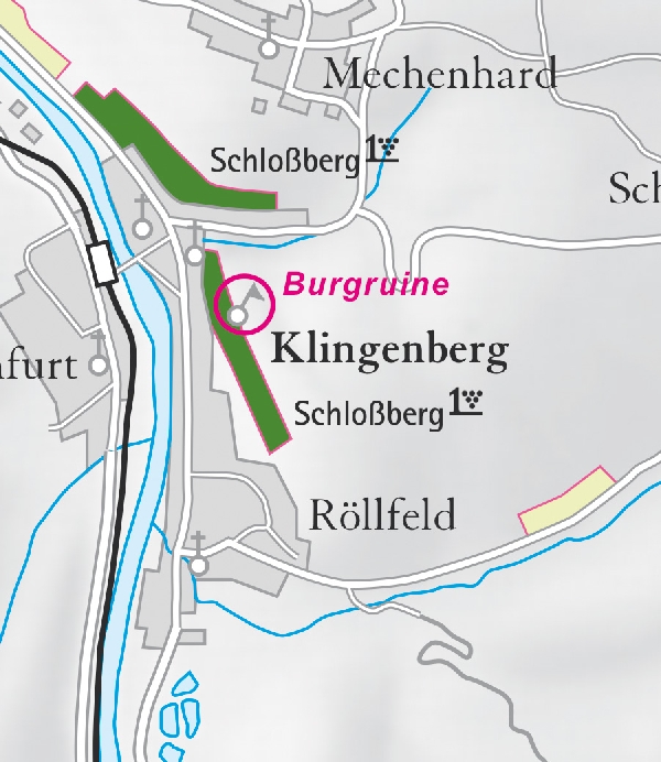 Die Abbildung zeigt den Ort klingenberg mit seinen Ersten Lagen. Ausschnitt aus dem Weinatlas Deutschland. Stand 2009.