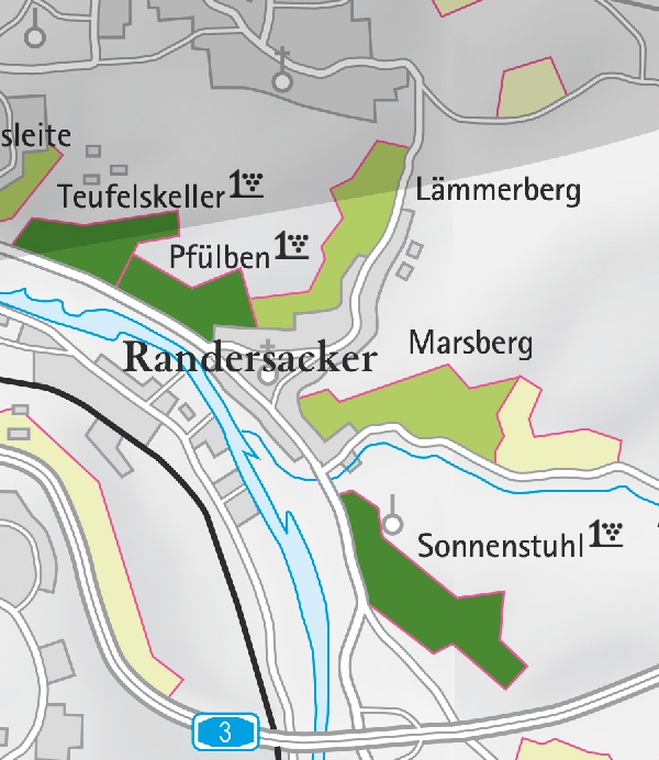 Die Abbildung zeigt den Ort randersacker mit seinen Ersten Lagen. Ausschnitt aus dem Weinatlas Deutschland. Stand 2009.