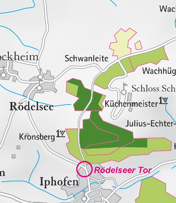 Die Abbildung zeigt den Ort rödelsee mit seinen Ersten Lagen. Ausschnitt aus dem Weinatlas Deutschland. Stand 2009.