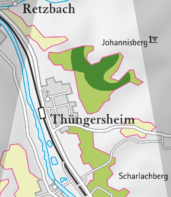 Die Abbildung zeigt den Ort thüngersheim mit seinen Ersten Lagen. Ausschnitt aus dem Weinatlas Deutschland. Stand 2009.