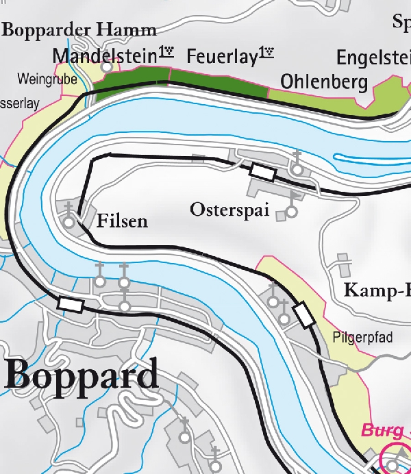 Die Abbildung zeigt den Ort boppard mit seinen Ersten Lagen. Ausschnitt aus dem Weinatlas Deutschland. Stand 2009.