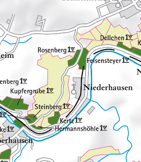 Die Abbildung zeigt den Ort niederhausen mit seinen Ersten Lagen. Ausschnitt aus dem Weinatlas Deutschland. Stand 2009.