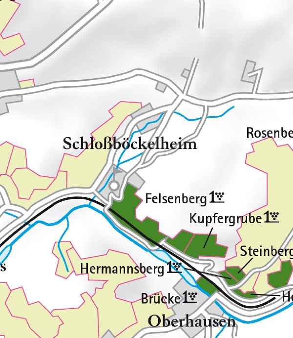 Die Abbildung zeigt den Ort schlossböckelheim mit seinen Ersten Lagen. Ausschnitt aus dem Weinatlas Deutschland. Stand 2009.