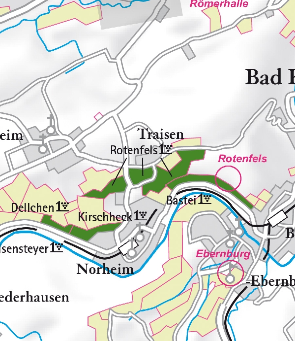 Die Abbildung zeigt den Ort traisen mit seinen Ersten Lagen. Ausschnitt aus dem Weinatlas Deutschland. Stand 2009.