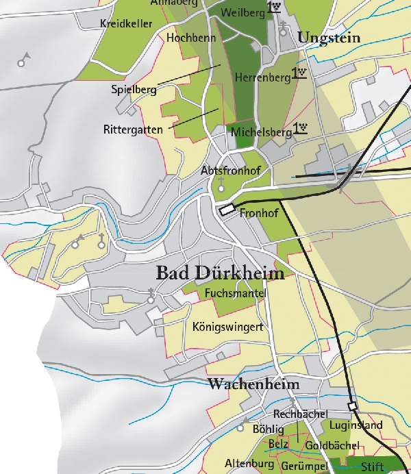 Die Abbildung zeigt den Ort bad dürkheim mit seinen Ersten Lagen. Ausschnitt aus dem Weinatlas Deutschland. Stand 2009.